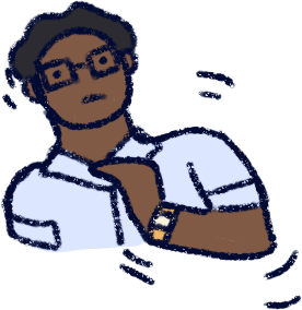 A person with motion lines around their head and arm. Their head is tilted a little, and their arm is jerking inwards. they have glasses, a formal shirt, and a watch or bracelet. they have brown skin, black hair, and a pale blue shirt.